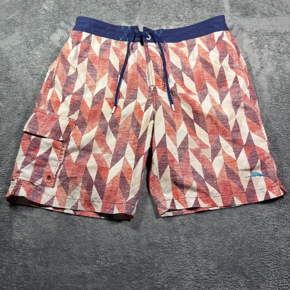 Tommy Bahama Mens Geometric Diamond Print Swim Trunks Red Orange Navy Sz Medium